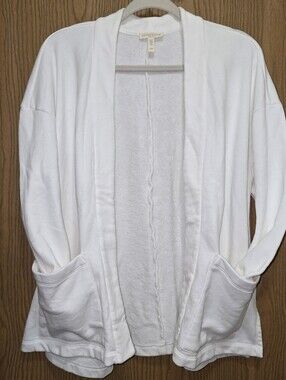 Eileen Fisher 100% Organic Cotton Open Front Cardigan White Pockets PL Peru